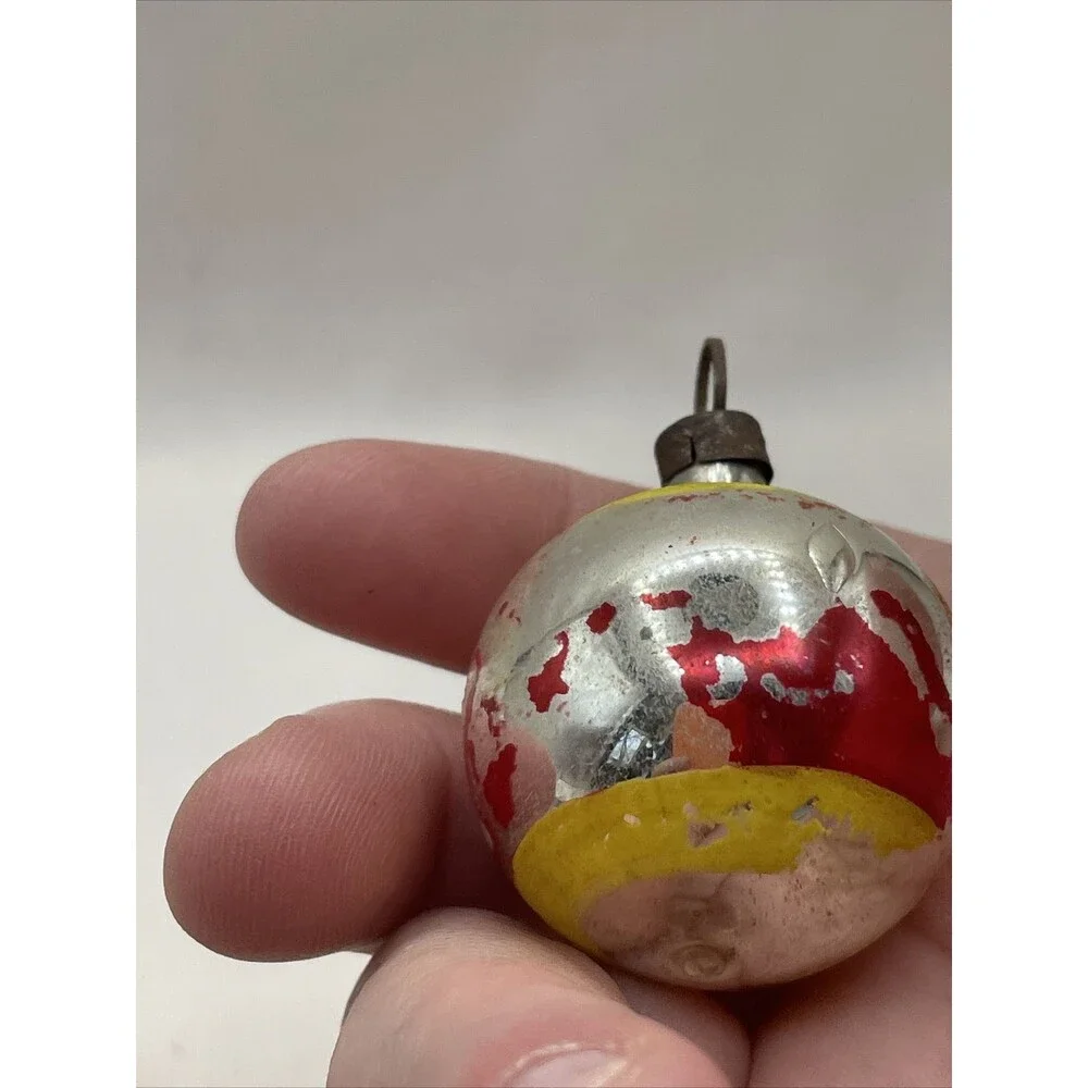 2 Vintage Mercury Glass Painted Christmas Ornaments Floral Striped Holiday Tree